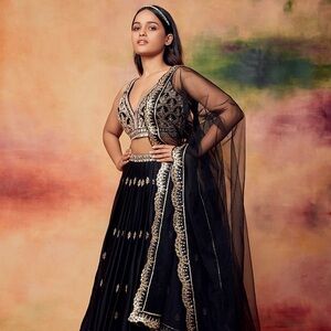 LASHKARAA Black and Gold Embroidered Satin Lehenga NWT